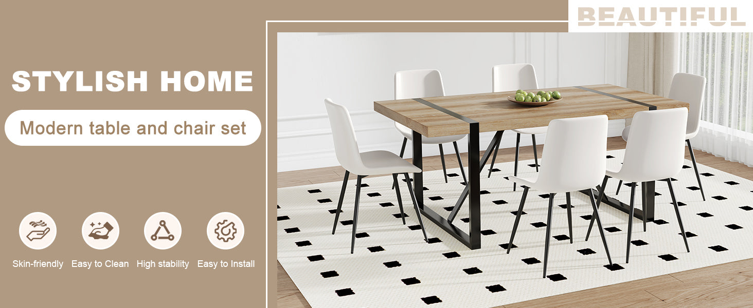 Table And Chair Set, Textured Top In Vintage Wood Color, Black Metal Legs. Dining Chair With White Faux Leather Backrest Cushion With Black Metal Legs. Wood Seats 6 Mdf Metal