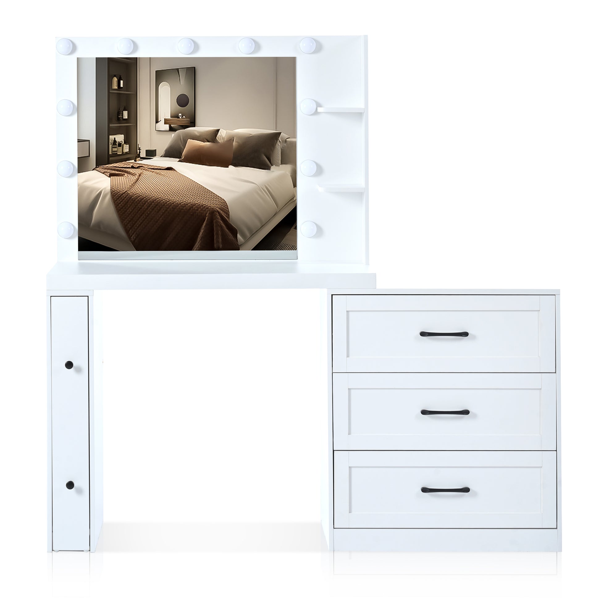 55.2" Vanity Desk With Freely Adjustable Side Cabinet, Makeup Vanity With Hollywood Lights, 5 Storage Drawers & 2 Shelves, Modern Dressing Table, White White Mdf,Tempered Glass