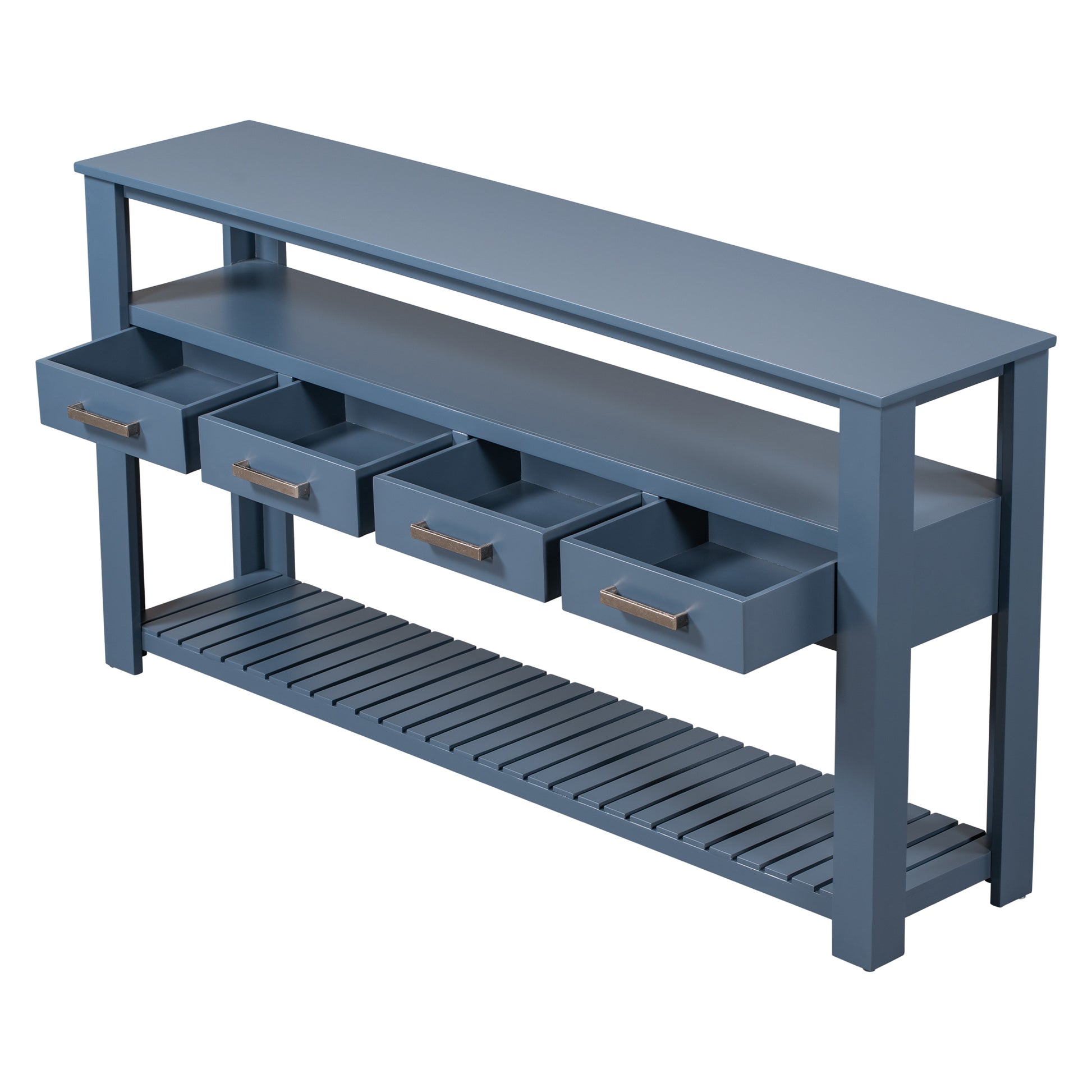 62.2'' Modern Console Table Sofa Table For Living Room With 4 Drawers And 2 Shelves Navy Blue Solid Wood Mdf
