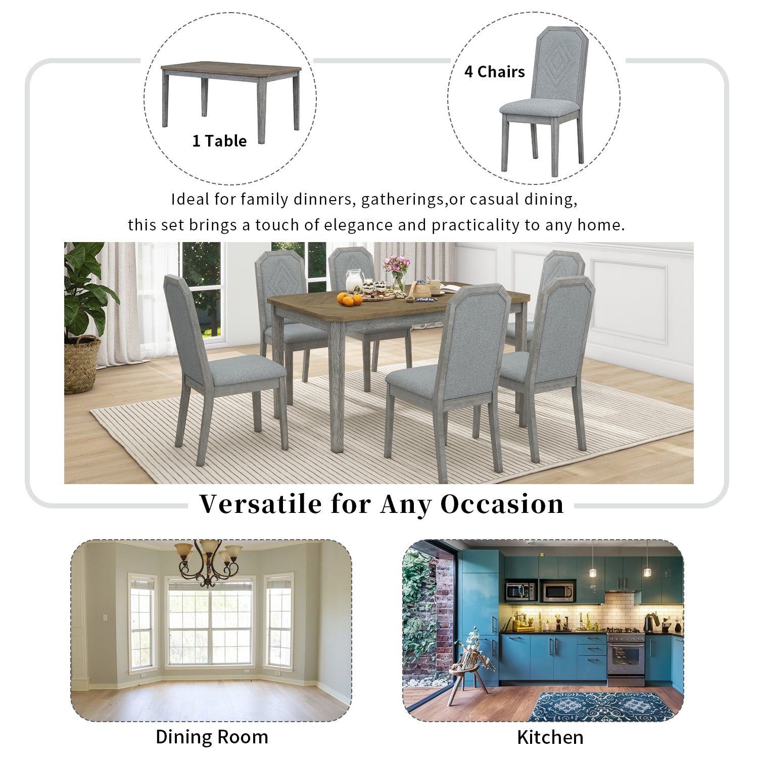 7 Piece Farmhouse Dining Set Classic Rustic Table And 6 High Back Design Chairs For Dining Room, Kitchen Brown Gray Brown Gray Solid Wood Mdf