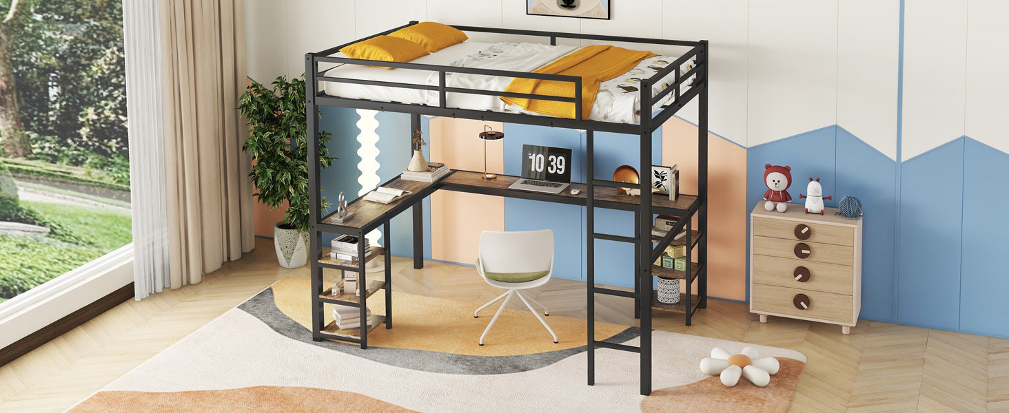 Full Xl Metal Loft Bed With Desk And Shelves, Loft Bed With Ladder And Guardrails, Loft Bed Frame For Bedroom, Black Full Xl Black Metal