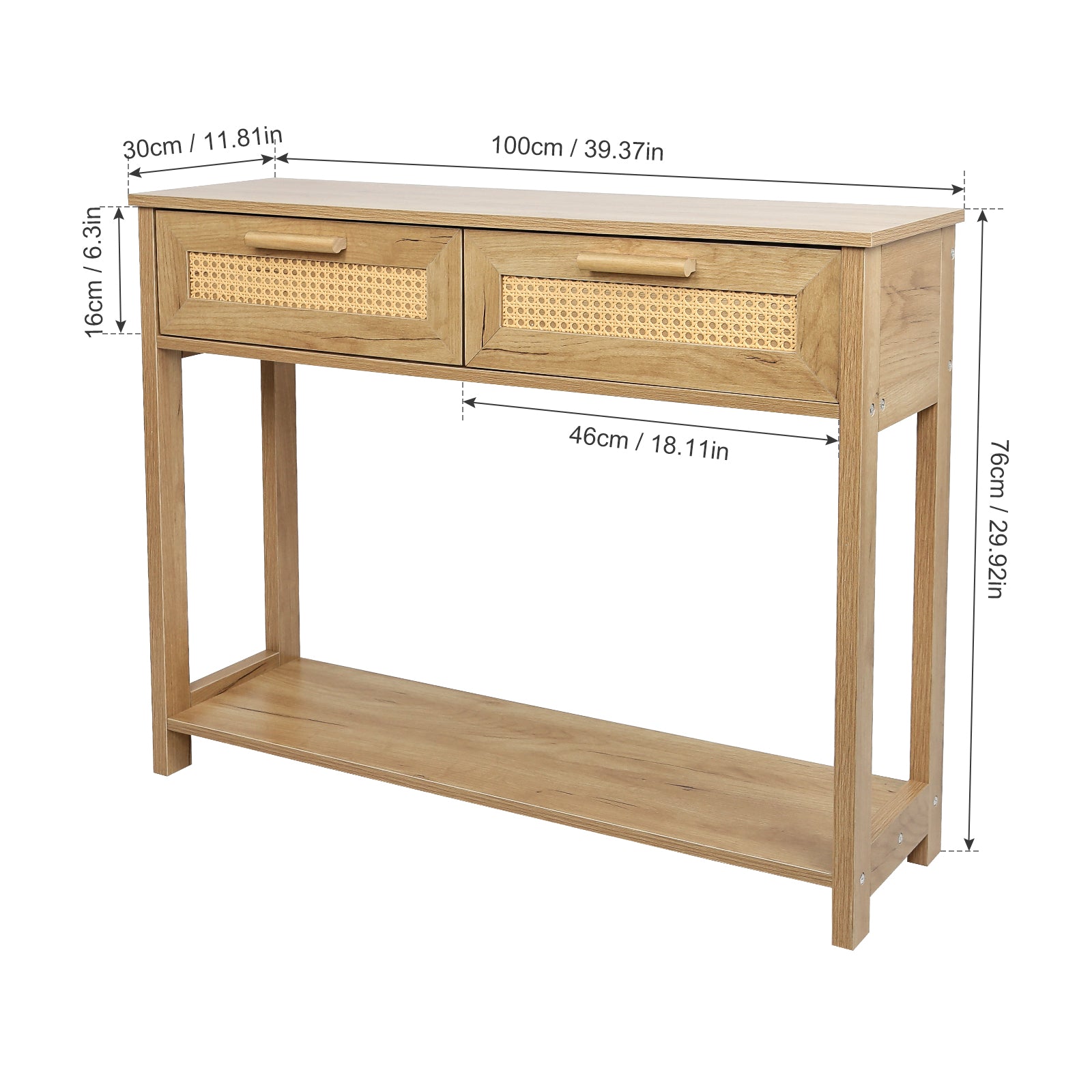 Console Table With 2 Drawers, Sofa Table, Entryway Table With Open Storage Shelf, Narrow Accent Table With Rattan Design For Living Room Entryway Hallway, Natural Color Natural Particle Board