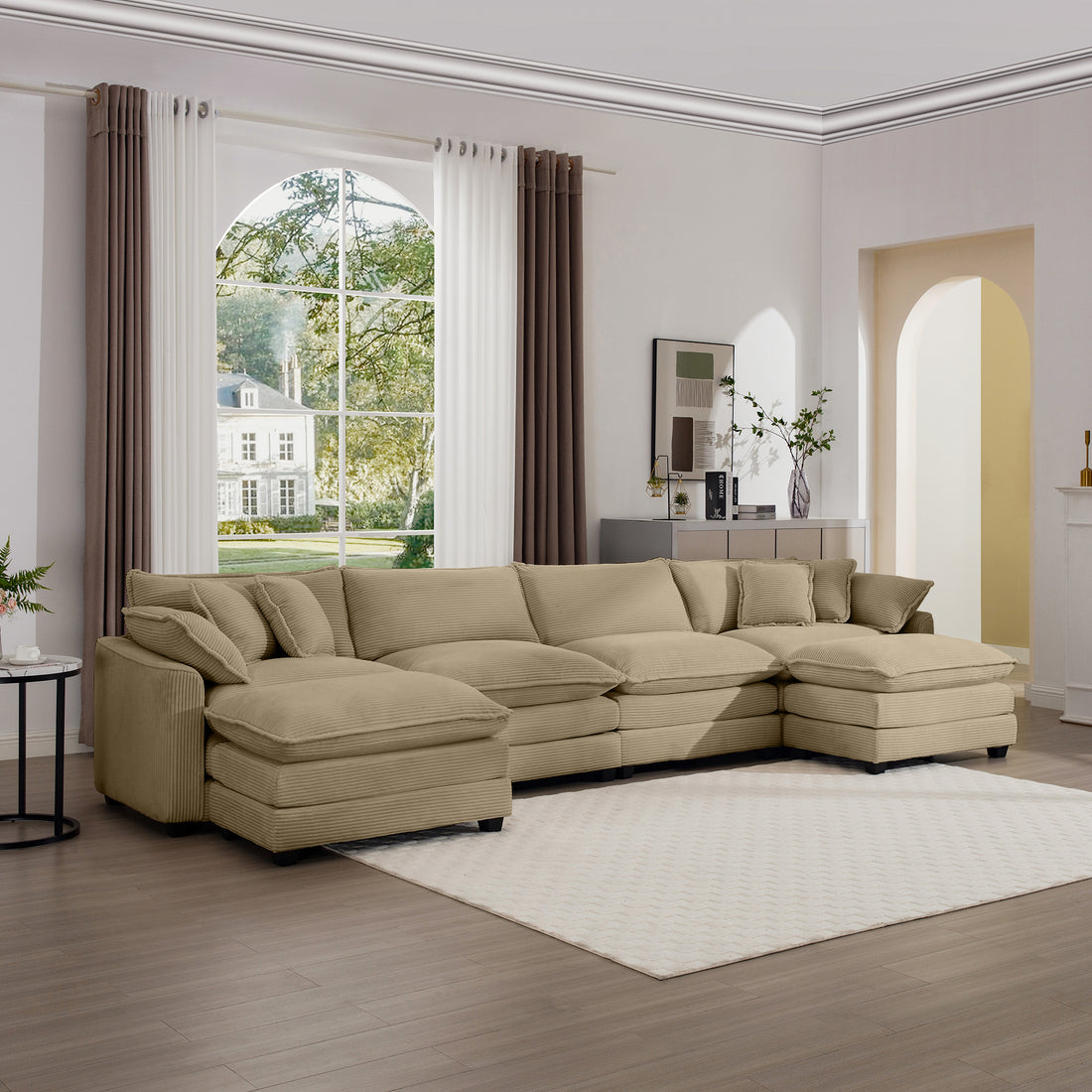Corduroy Sofamodern Upholstered 4 Seater With 3 Footstools Corduroy Fabric Sofaoffice Living Room Apartment Comfortable Sofa, Easy To Assemble With 2 Arm Pillows And 4 Throw Pillows Tan Corduroy 4 Seat