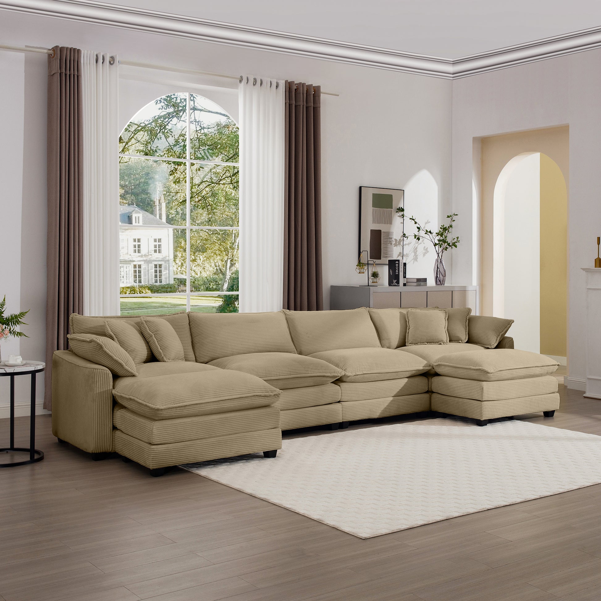 Corduroy Sofamodern Upholstered 4 Seater With 3 Footstools Corduroy Fabric Sofaoffice Living Room Apartment Comfortable Sofa, Easy To Assemble With 2 Arm Pillows And 4 Throw Pillows Tan Corduroy 4 Seat