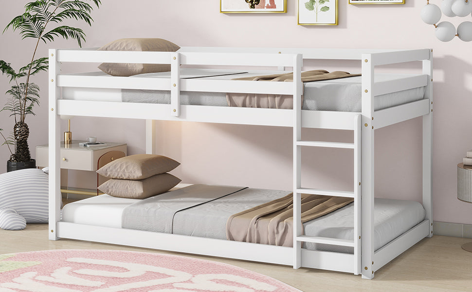 Solid Wooden, Solid Rubber Wooden Twin Over Twin Loft Bed With Ladder, With Bed Platform Of Strengthened Slats,White Twin White Rubber Wood