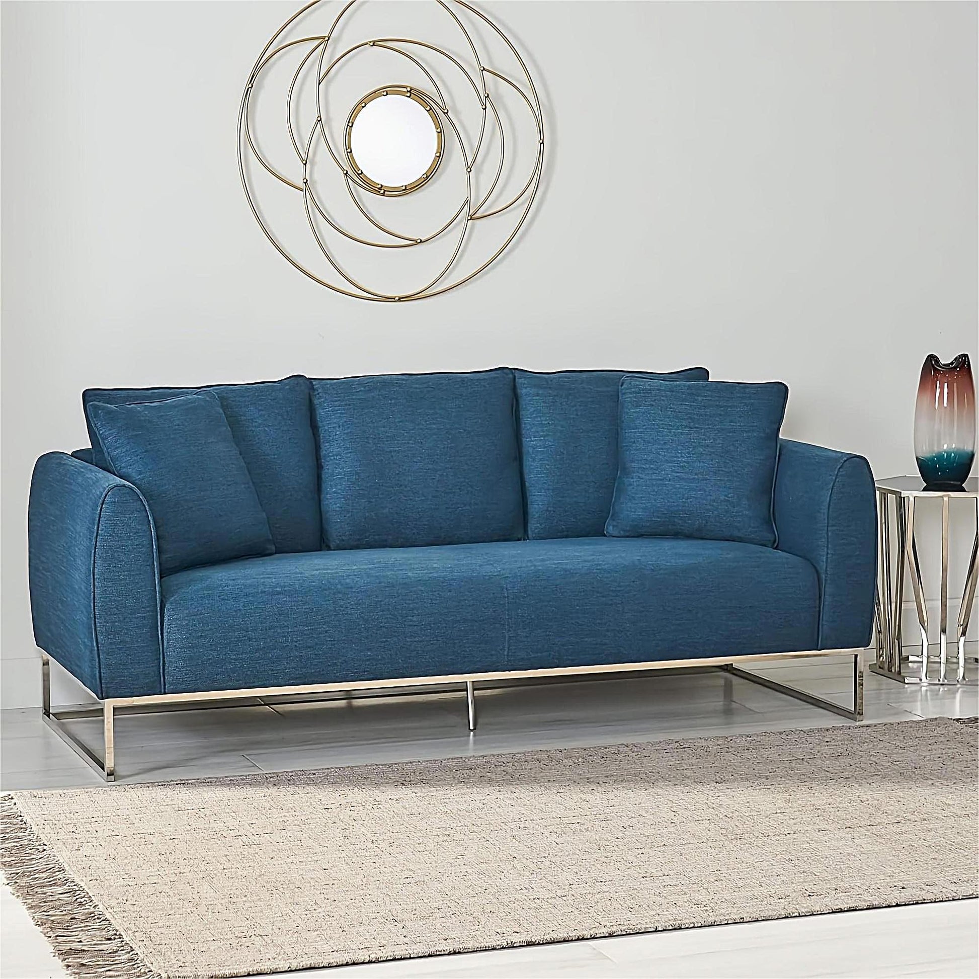 Modern And Chic 82.75" Navy Blue Fabric 2 Seater Sofa With Silver Legs And Soft Upholstery, Extra Deep Seats, For Small Space, Living Room, Office Apartment Navy Blue, Fabric Navy Blue Wood Primary Living Space Medium Soft Cushion Back Light Duty Art