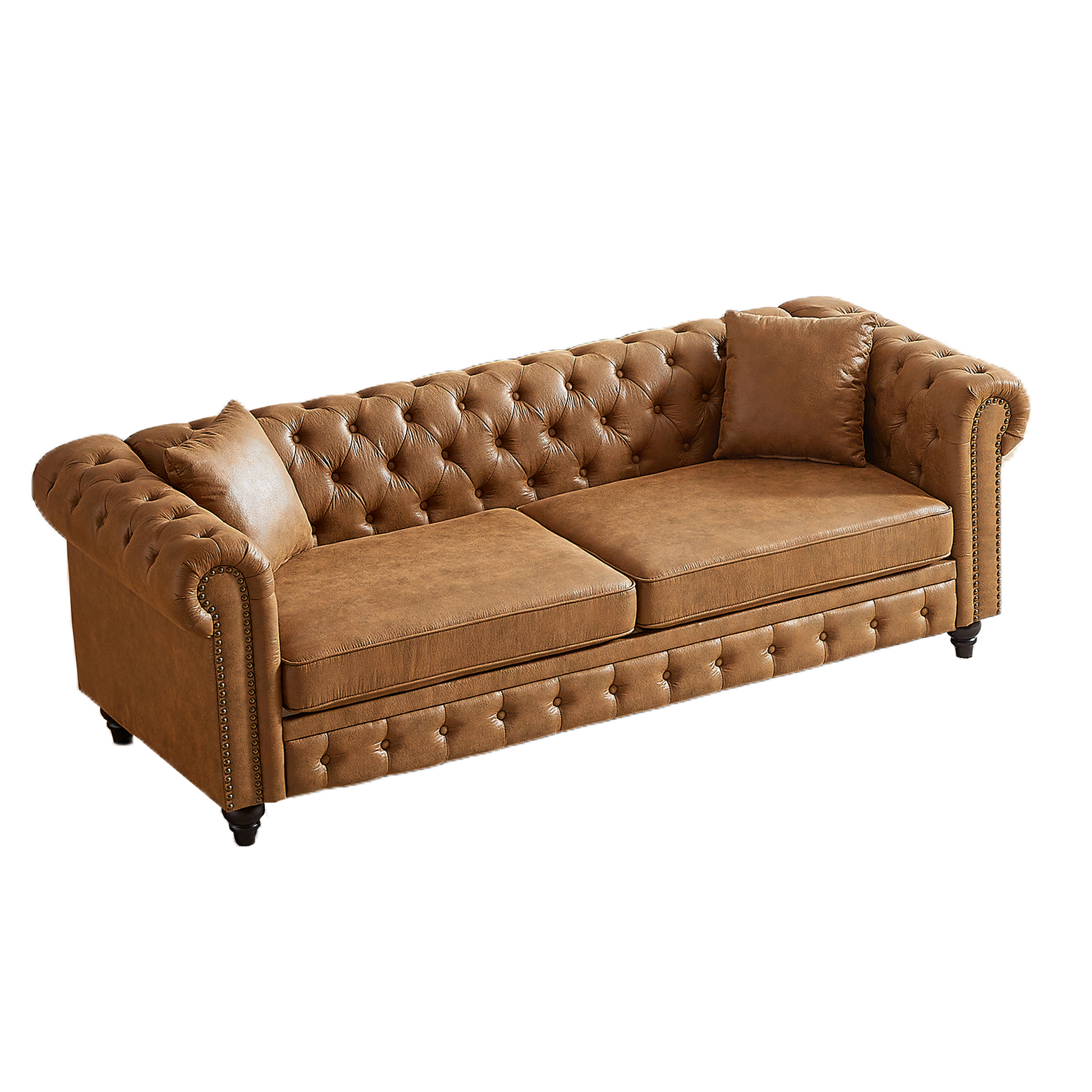 Fx 85.5"Living Room With Tech Fabric Chesterfield Sofa With Rolled Arms 3 Seater Sofa With Button Design And 2 Cushions For Apartment, Office, Living Room Brown Polyester Wood Primary Living Space Pine Foam Fabric 3 Seat