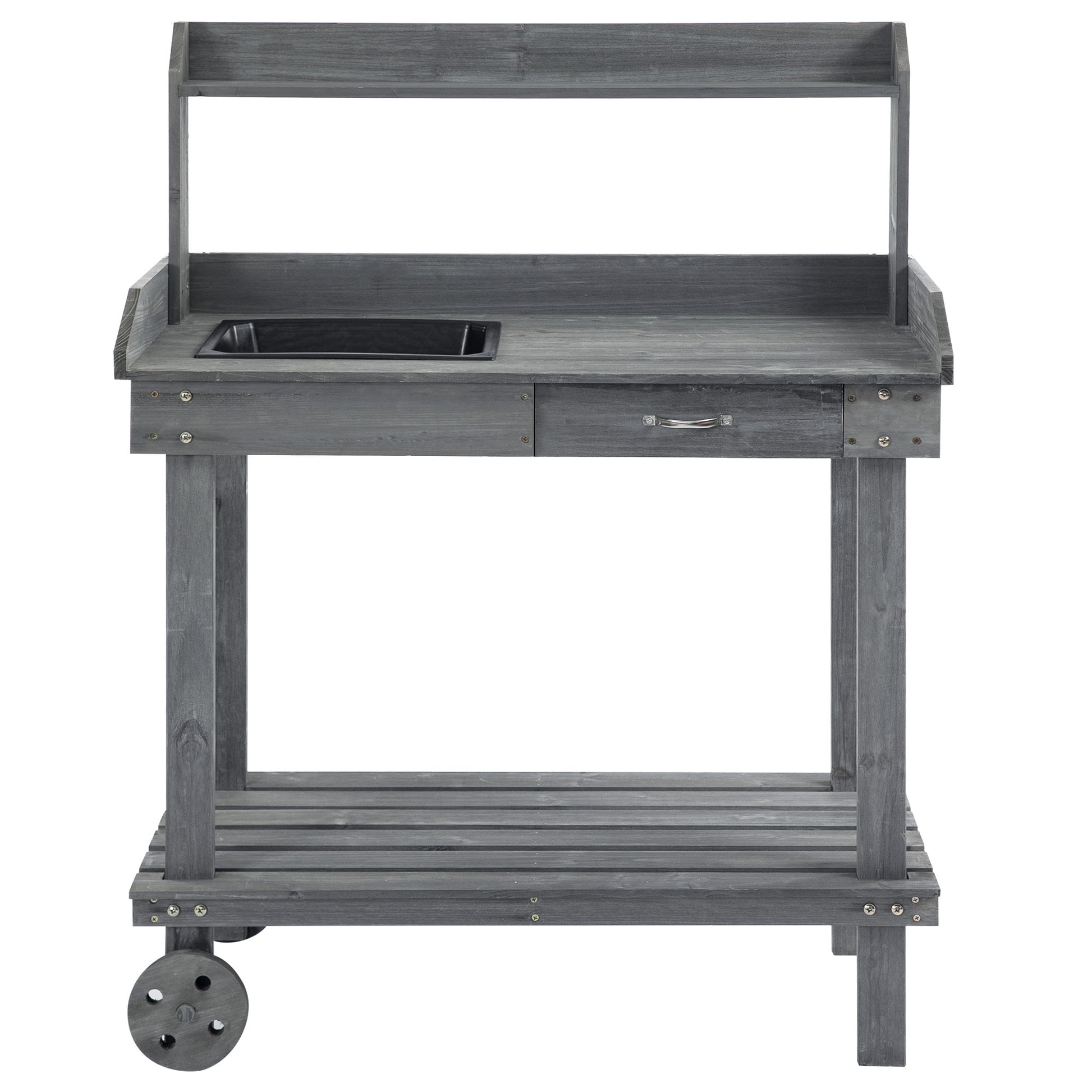 Outsunny 36'' Wooden Potting Bench Work Table With 2 Removable Wheels, Sink, Drawer & Large Storage Spaces, Gray Gray Wood