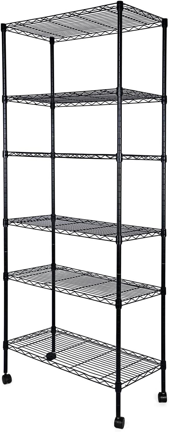 6 Tier Shelving Units, 29.92'' W X 13.98'' D X 71.65'' H Adjustable Wire Shelving With Hanging Hooks And Wheels, Black Black Steel