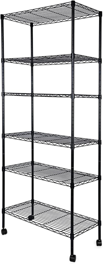 6 Tier Shelving Units, 29.92'' W X 13.98'' D X 71.65'' H Adjustable Wire Shelving With Hanging Hooks And Wheels, Black Black Steel