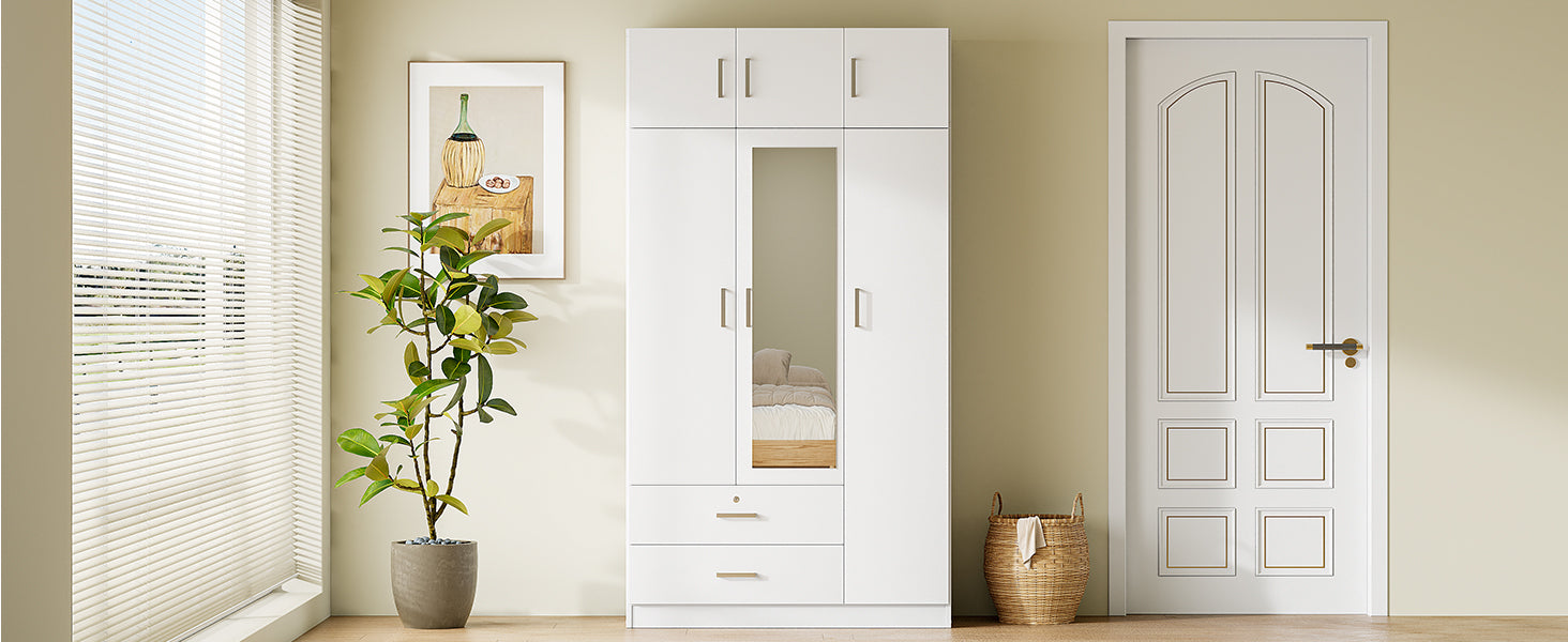 3 Door Mirror Wardrobe With 2 Drawers And Top Cabinet,White White Particle Board