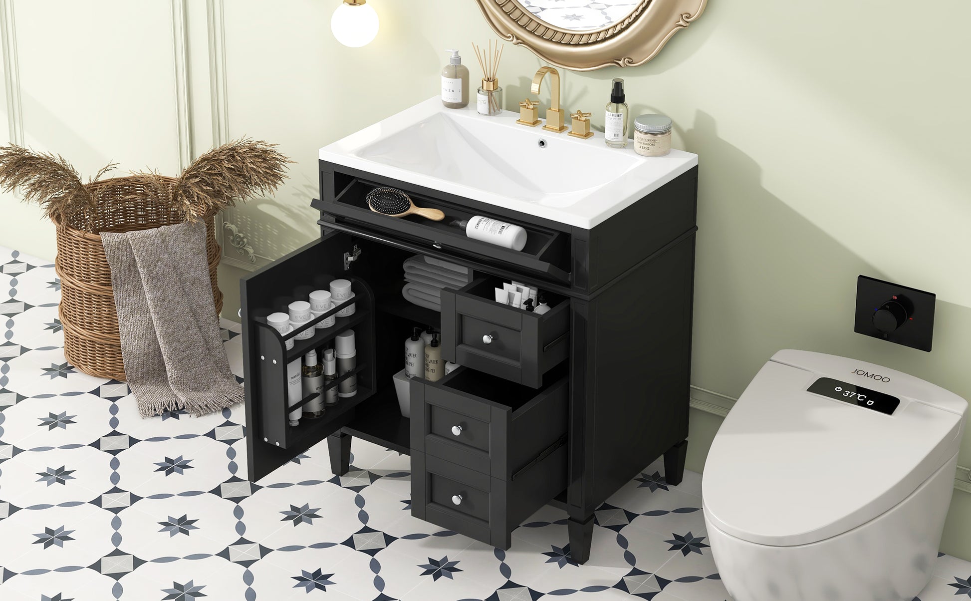 30'' Bathroom Vanity With Top Sink, Modern Bathroom Storage Cabinet With 2 Drawers And A Tip Out Drawer, Single Sink Bathroom Vanity Black Bathroom Solid Wood Mdf