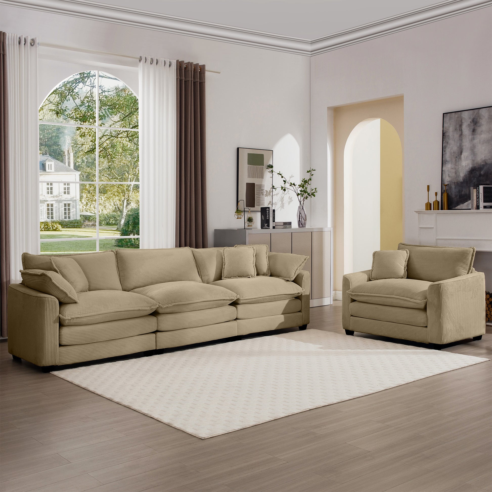 Mid Century Modern Sectional Set Of Two, One 3 Seater Sectional And One Single Seater Sectional With 2 Arm Pillows And 4 Throw Pillows, Living Room Sectional Tan Corduroy Fabric Tan Corduroy 4 Seat