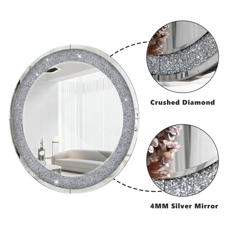 31.5" Crushed Diamond Decor Round Wall Mirror Silver Art Deco,Modern Mdf Glass,Mirror