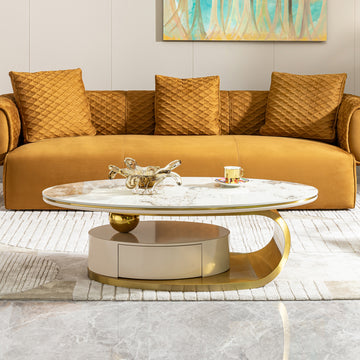 Modern 0.47" Thickness Sintered Stone Coffee Table With 2 Drawers,Matt Gold Stainless Steel Base Gold Primary Living Space Modern Drawers Coffee & End Tables Oval Stainless Steel