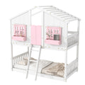 Twin Over Twin House Bunk Bed With Roofwindow, Window Box, Doorwith Safety Guardrails And Ladder, Pink White Twin Pink White Pine