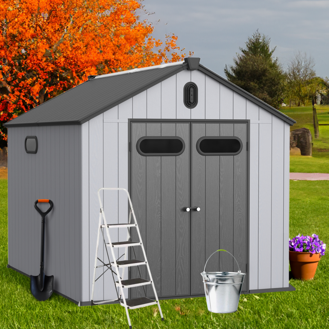 Xwt013 8*10Ft Plastic Storage Shed For Backyard Garden Big Spire Tool Storage Black Grey Garden & Outdoor Plastic