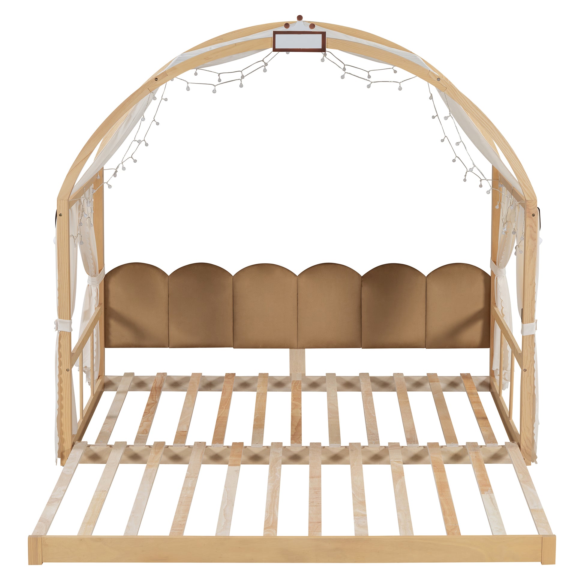 Twin Size Extended Bed With Arched Roof And Trundle, Natural Twin Natural Plywood