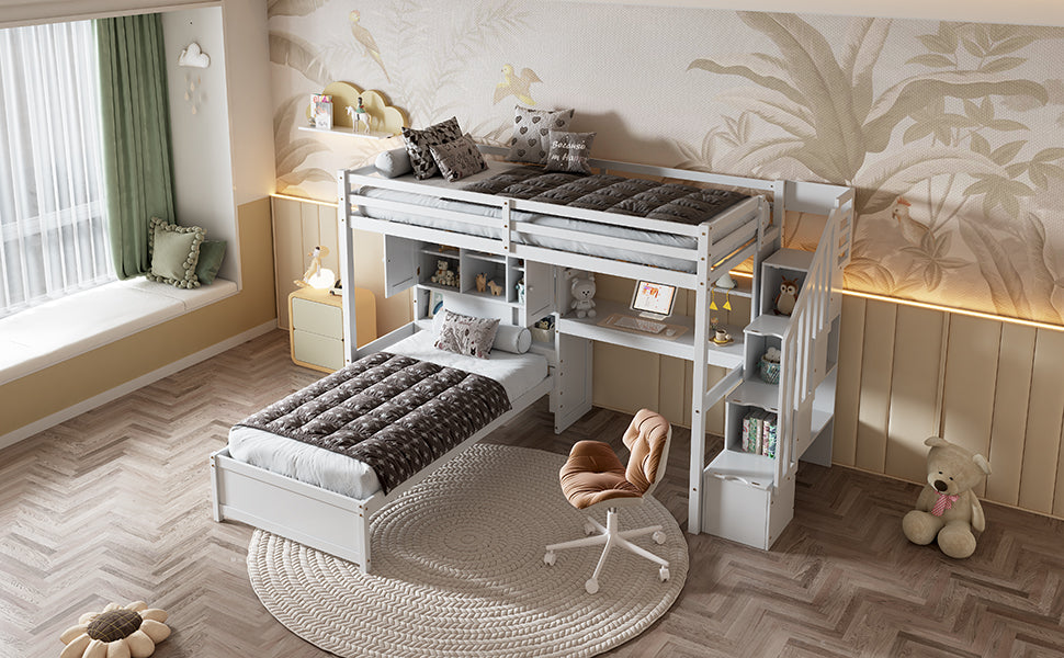 Twin Over Twin Loft Bed With Built In Desk And Staircase, With Storage Compartments And Shelves, White Twin Box Spring Not Required White Wood Pine