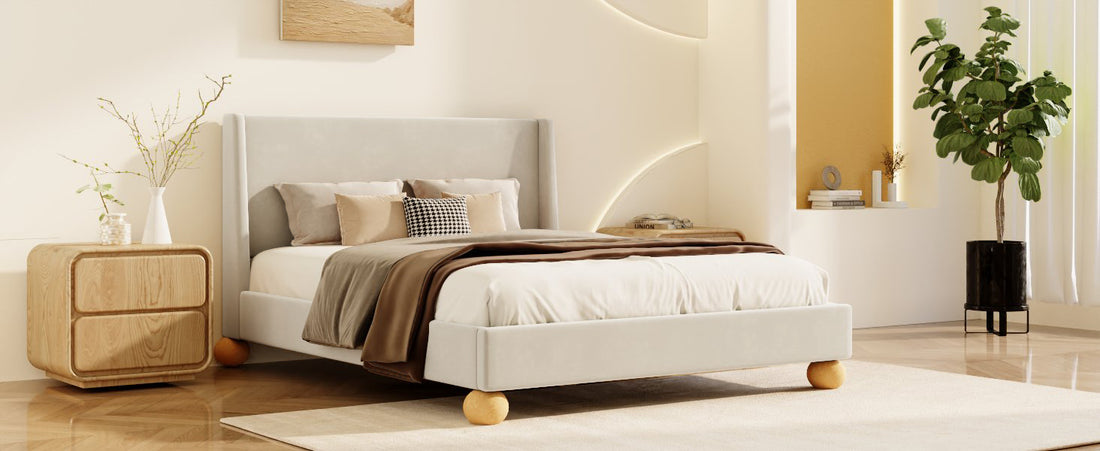 Modern Velvet Upholstered Platform Bed With Wingback Headboard And Round Wooden Legs, Cream,Queen Size Old Sku:Bs531851Aac Box Spring Not Required Queen Cream Wood Bedroom Modern Bed Frame Velvet