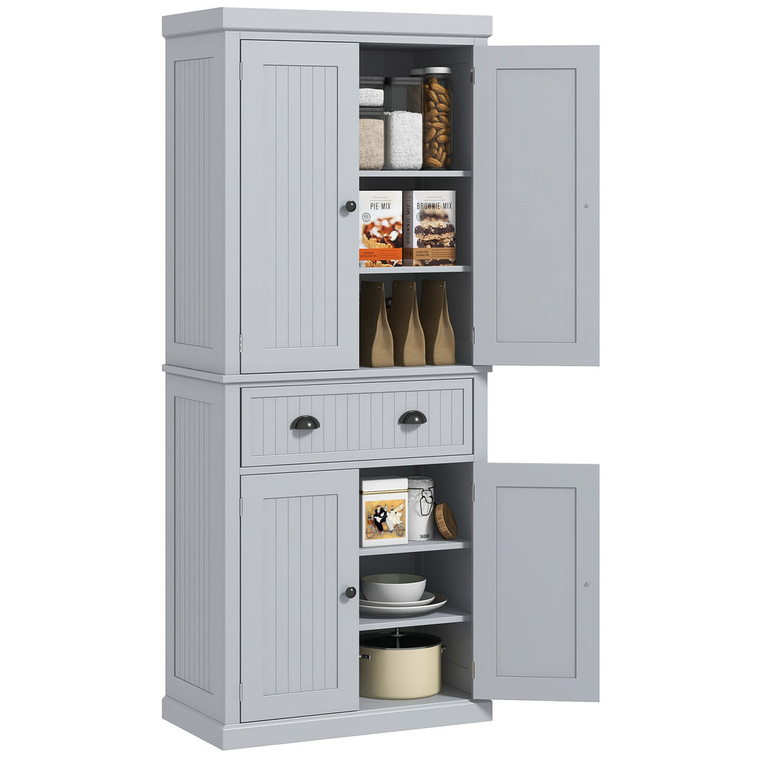 Homcom 72" Kitchen Pantry Storage Cabinet, Traditional Freestanding Cabinet With 4 Doors And 3 Adjustable Shelves, Large Central Drawer, Beadboard, Gray Gray Mdf