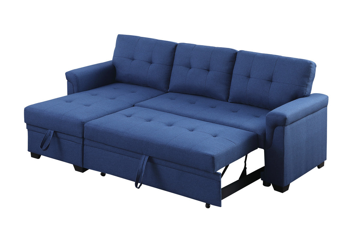 Lucca 84" Blue Linen Reversible Sleeper Sectional Sofa With Storage Chaise Blue Linen