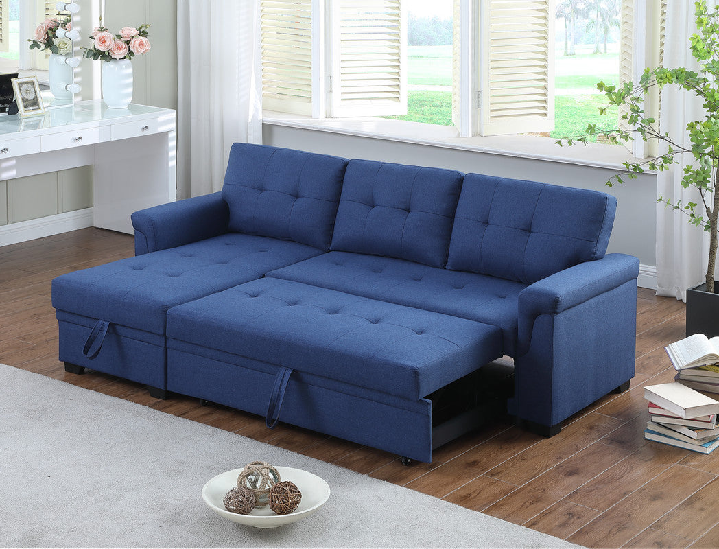 Lucca 84" Blue Linen Reversible Sleeper Sectional Sofa With Storage Chaise Blue Linen