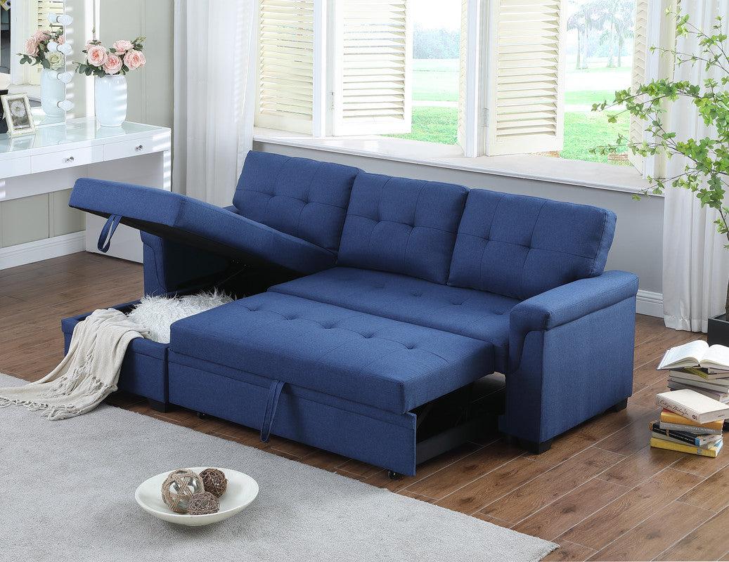 Lucca 84" Blue Linen Reversible Sleeper Sectional Sofa With Storage Chaise Blue Linen