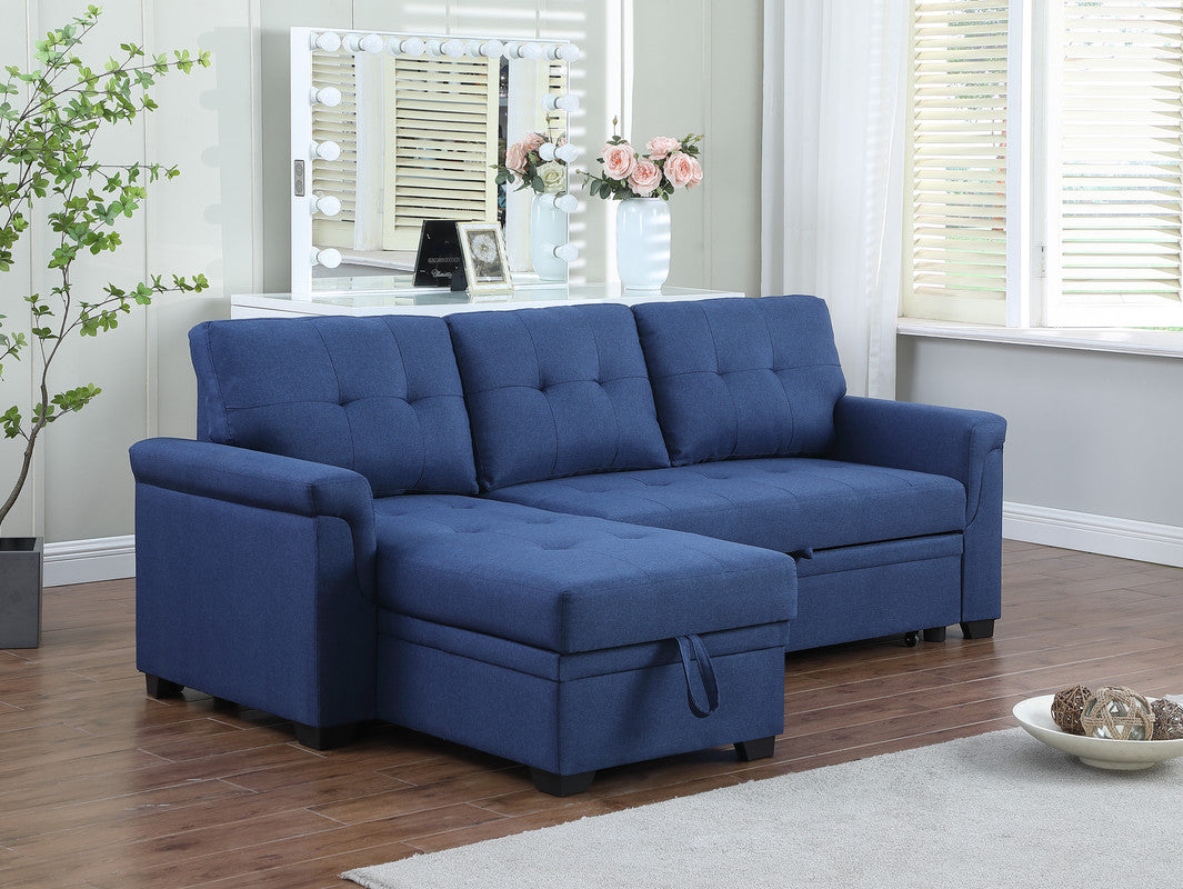 Lucca 84" Blue Linen Reversible Sleeper Sectional Sofa With Storage Chaise Blue Linen