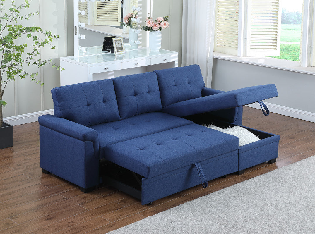 Lucca 84" Blue Linen Reversible Sleeper Sectional Sofa With Storage Chaise Blue Linen