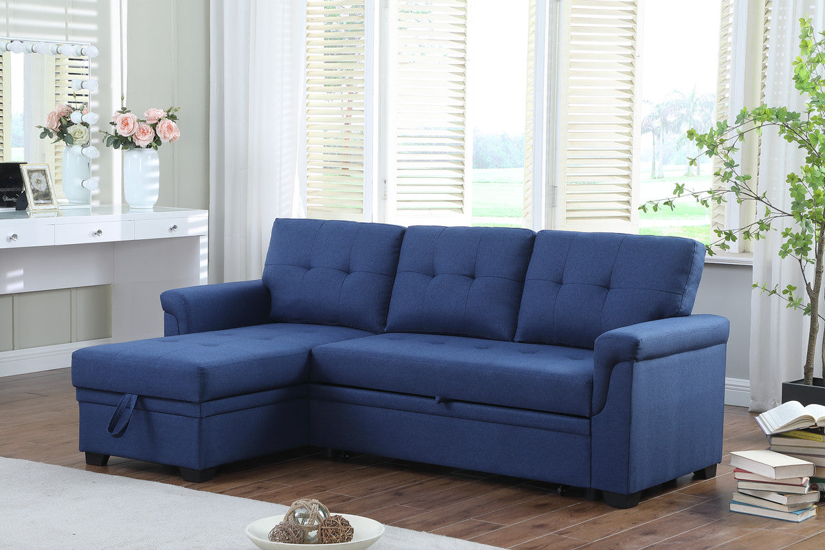 Lucca 84" Blue Linen Reversible Sleeper Sectional Sofa With Storage Chaise Blue Linen