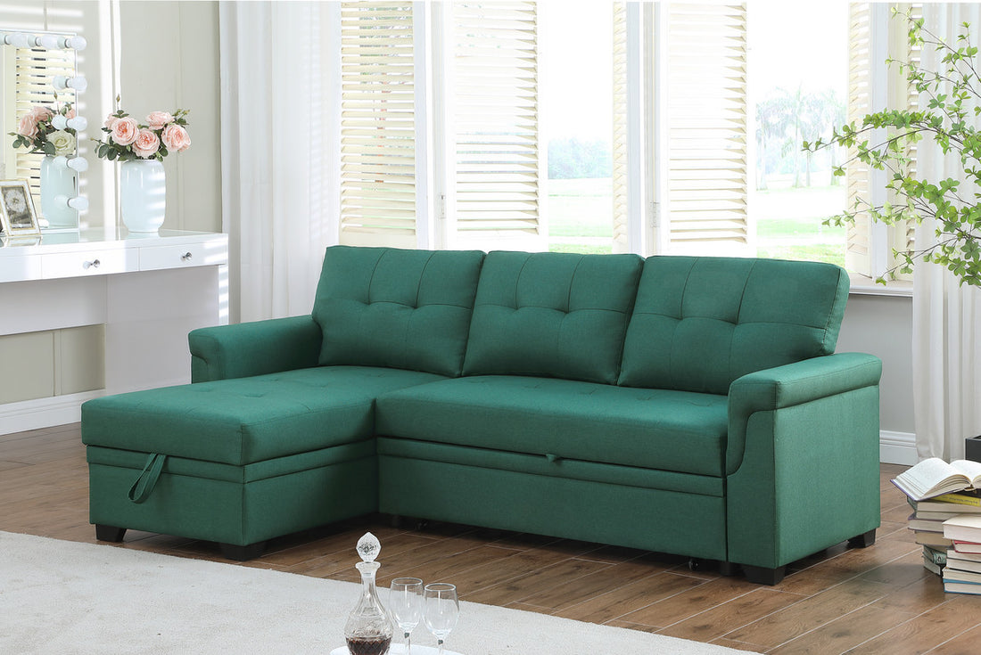 Lucca 84" Green Linen Reversible Sleeper Sectional Sofa With Storage Chaise Green Linen