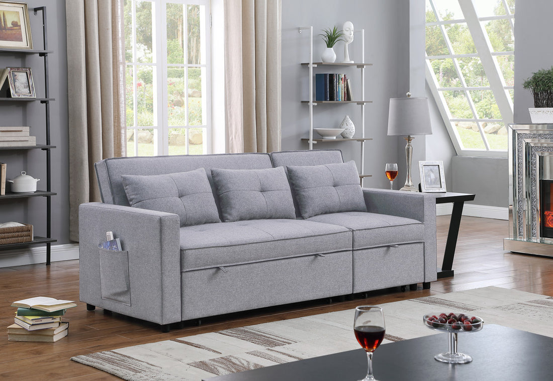 Zoey 79.75" Light Gray Linen Convertible Sleeper Sofa With Side Pocket Light Gray Linen