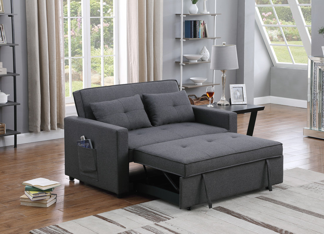 Zoey 56" Dark Gray Linen Convertible Sleeper Loveseat With Side Pocket Dark Gray Linen