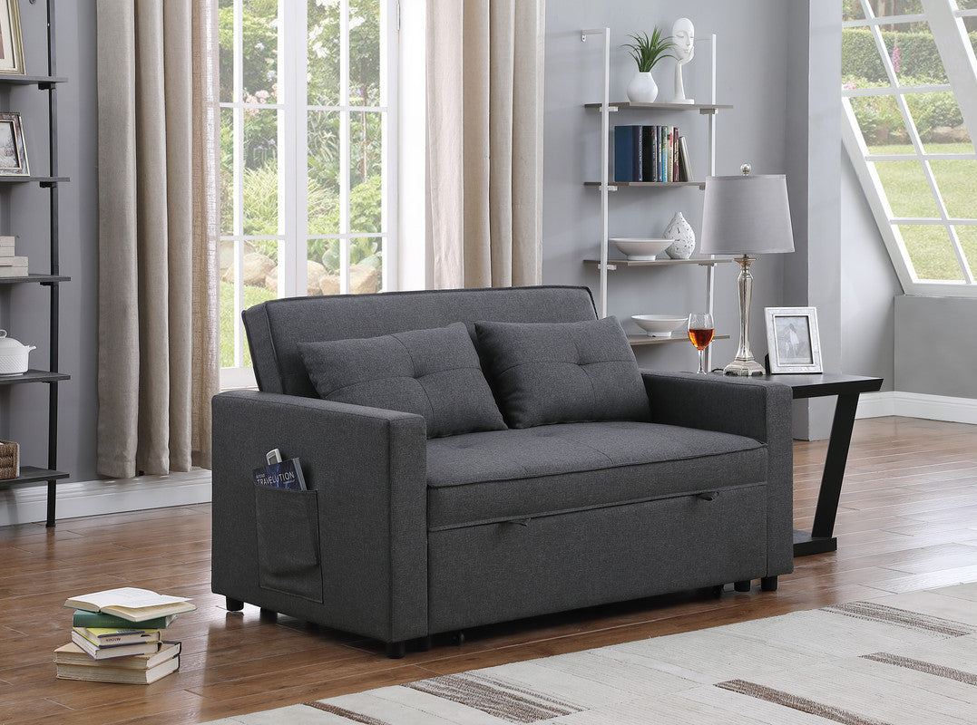 Zoey 56" Dark Gray Linen Convertible Sleeper Loveseat With Side Pocket Dark Gray Linen