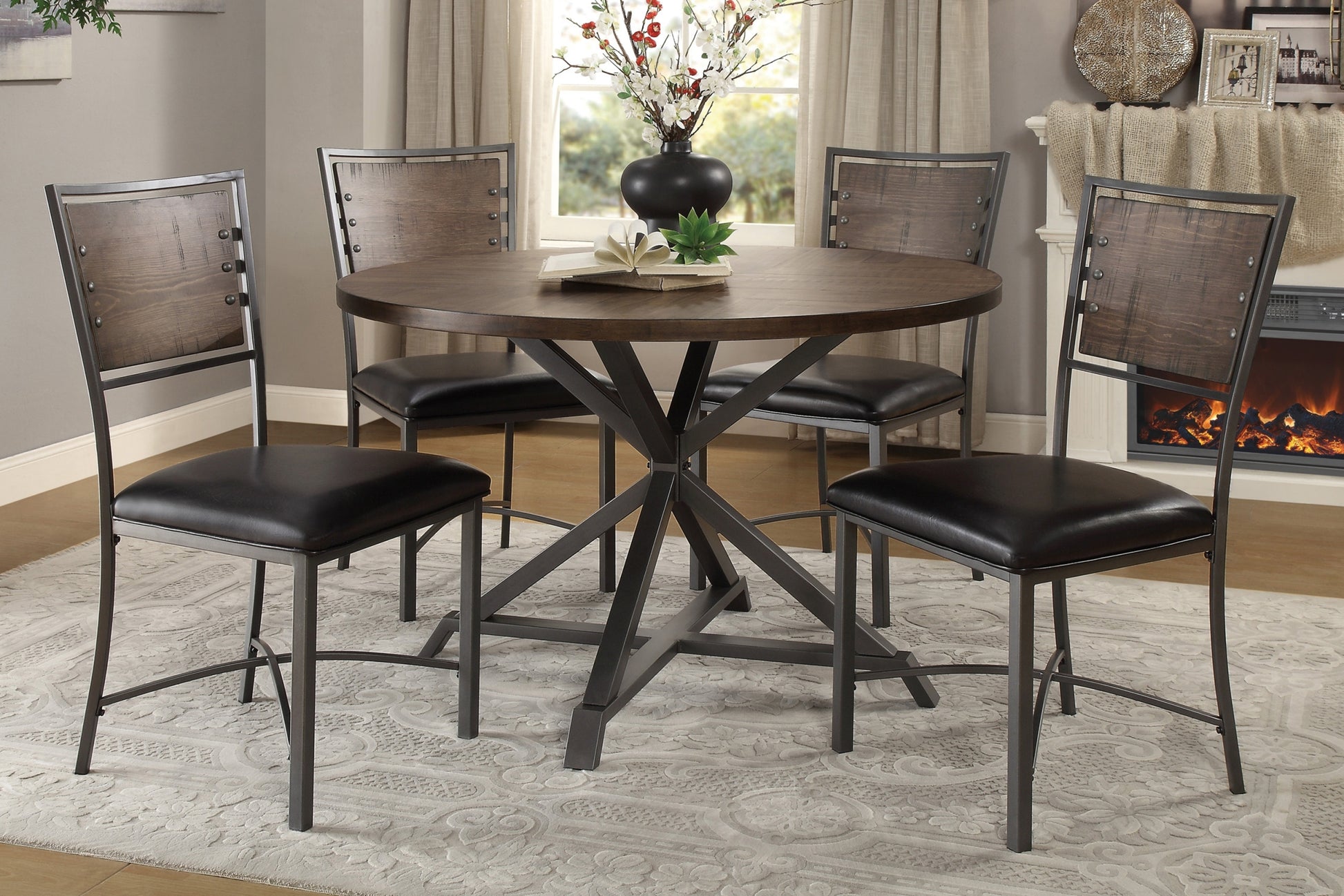 Industrial Style Round Dining Table 1Pc Burnished Brown Finish And Gray Metal Finish Rustic Style Dining Kitchen Furniture Brown Gray Seats 4 Dining Room Industrial,Rustic Round Metal