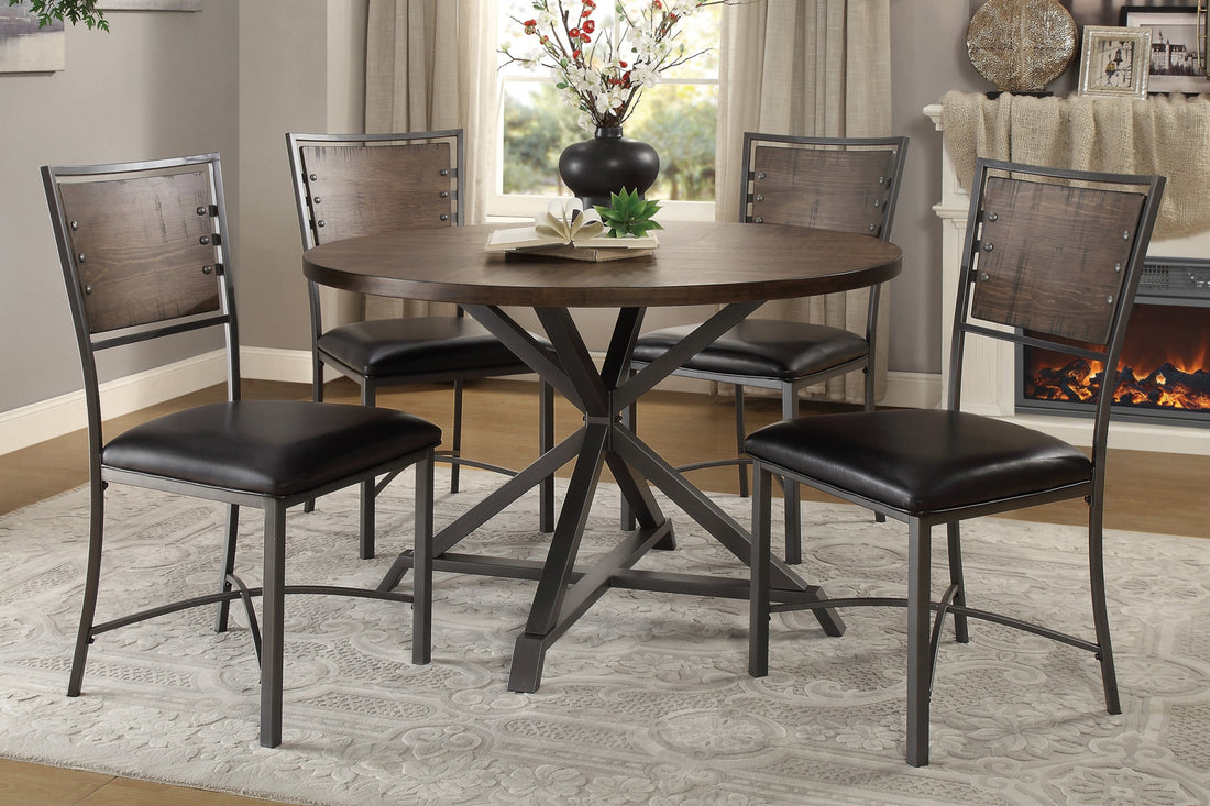 Rustic Industrial Style 5Pc Dining Set Round Table And 4X Side Chairs Faux Leather Seat Metal Frame Burnished Brown Finish And Gray Metal Finish Kitchen Furniture Metal Wood Brown Gray Seats 4 Metal Dining Room Industrial,Rustic Round Dining Table With