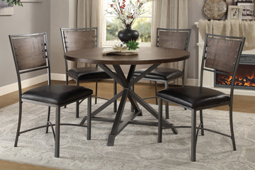 Rustic Industrial Style 5Pc Dining Set Round Table And 4X Side Chairs Faux Leather Seat Metal Frame Burnished Brown Finish And Gray Metal Finish Kitchen Furniture Metal Wood Brown Gray Seats 4 Metal Dining Room Industrial,Rustic Round Dining Table With