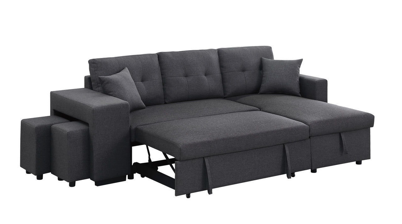 Dennis 93" Dark Gray Linen Fabric Reversible Sleeper Sectional With Storage Chaise And 2 Stools Dark Gray Linen