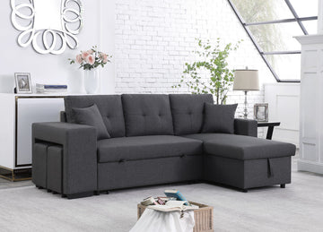 Dennis 93" Dark Gray Linen Fabric Reversible Sleeper Sectional With Storage Chaise And 2 Stools Dark Gray Linen