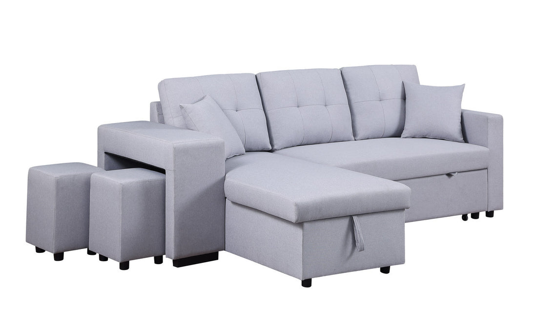 Dennis 93" Light Gray Linen Fabric Reversible Sleeper Sectional With Storage Chaise And 2 Stools Light Gray Linen