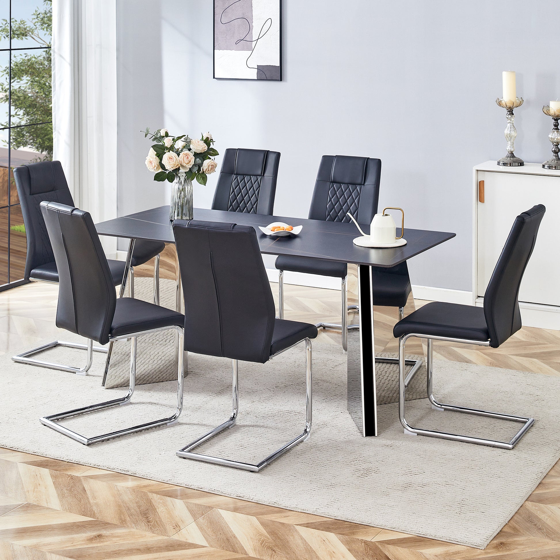 Table And Chair Set.63"X31.5X30" Black Marble Patterned Slabs Tabletop With Stainless Steel Butterfly Legs.Paried With 6 Black High Quality Pu Chairs With Silver Metal Legs. Black,Silver Seats 6