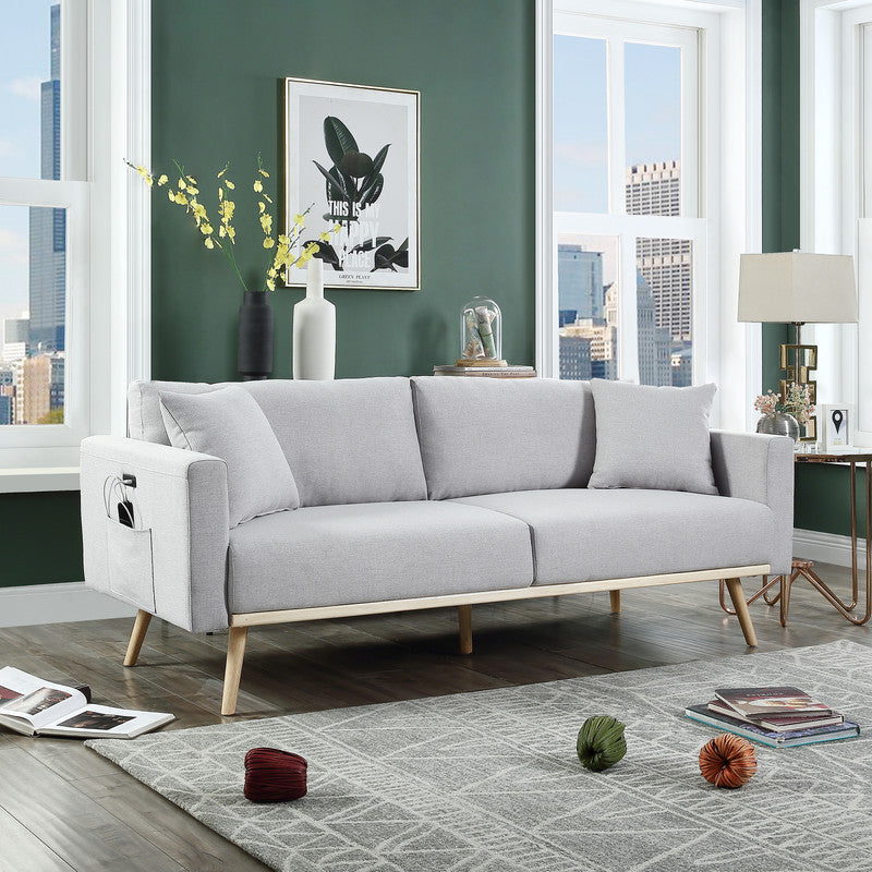 Easton 75" Light Gray Linen Fabric Sofa With Usb Charging Ports Pockets & Pillows Light Gray Linen