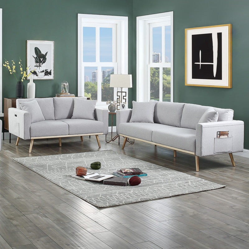 Easton Light Gray Linen Fabric Sofa Loveseat Living Room Set With Usb Charging Ports Pockets & Pillows Light Gray Linen