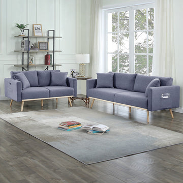 Easton Dark Gray Linen Fabric Sofa Loveseat Living Room Set With Usb Charging Ports Pockets & Pillows Dark Gray Linen