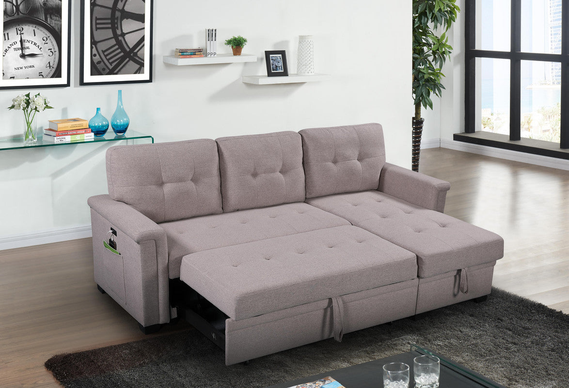 Ashlyn 84" Light Gray Reversible Sleeper Sectional Sofa With Storage Chaise, Usb Charging Ports And Pocket Light Gray Linen