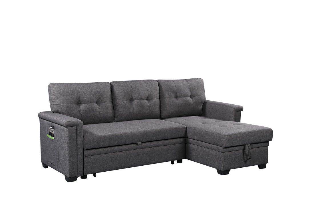 Nathan 84" Dark Gray Reversible Sleeper Sectional Sofa With Storage Chaise, Usb Charging Ports And Pocket Dark Gray Linen