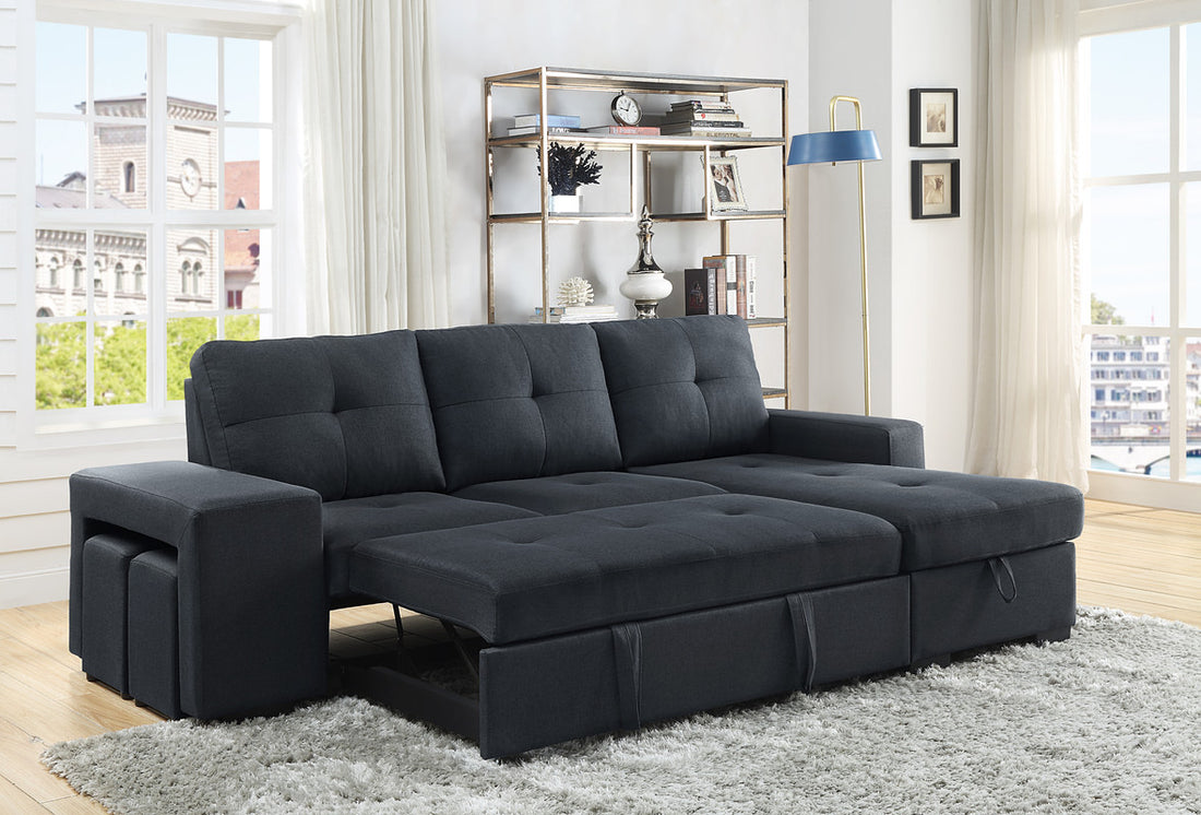 Lucas 97" Dark Gray Linen Sleeper Sectional Sofa With Reversible Storage Chaise Dark Gray Linen