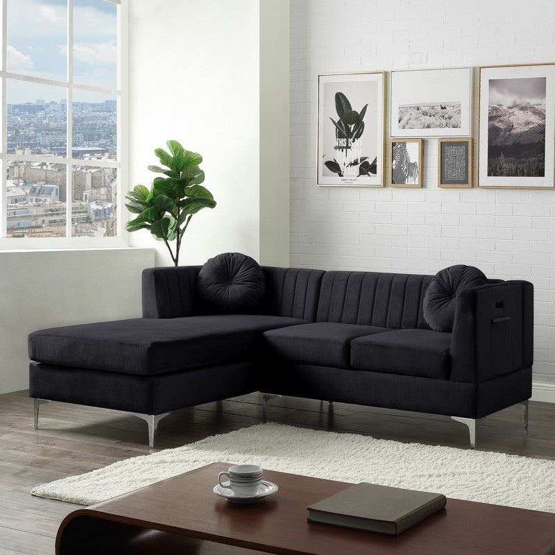 Chloe 85.5" Black Velvet Sectional Sofa Chaise With Usb Charging Port Black Velvet