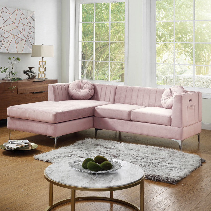 Chloe 85.5" Pink Velvet Sectional Sofa Chaise With Usb Charging Port Pink Velvet